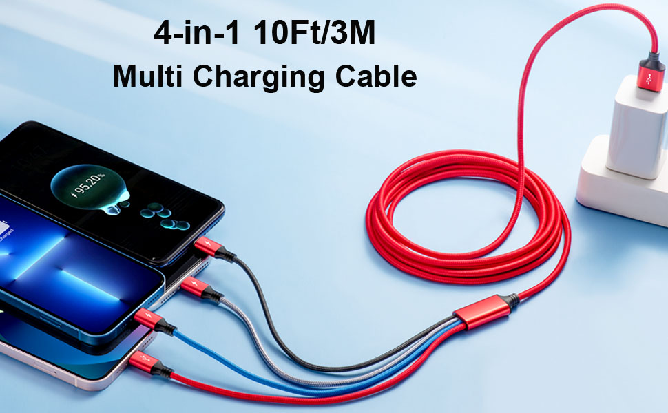 Multiple phone charger 10ft 3 in 1 multi usb fast charging cable usb c charge sync cable type c cord