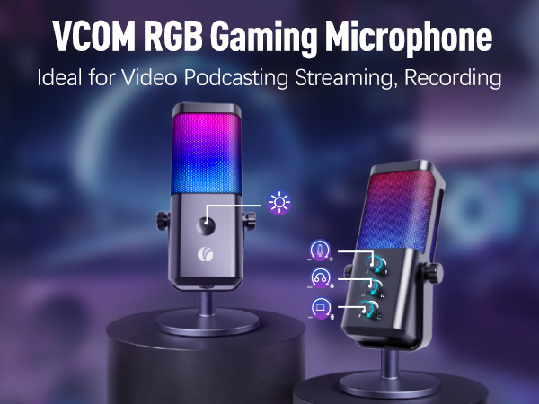 Text reads 'VCOM RGB Gaming Microphone' and 'Ideal for Video Podcasting Streaming, Recording'. RGB microphone setup shown with blue and purple lighting effects against dark background.