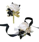 Aimto Ivory Rose and Black Wrist Corsage and Boutonniere Set for Wedding Flower Accessories Prom ...