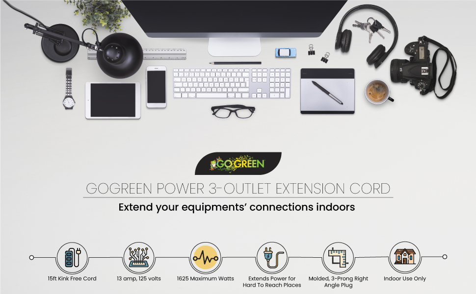 GoGreen Power (GG-19615) 16/3 15’ 3 Outlet Extension Cord, White, 15 Ft Cord