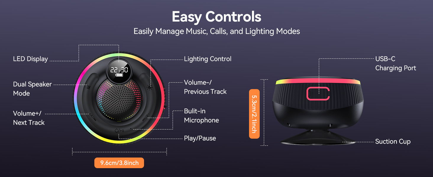 Text reads 'Easy Controls' and 'Easily Manage Music, Calls, and Lighting Modes'. Technical diagram showing interface controls for device with labeled buttons and functions.