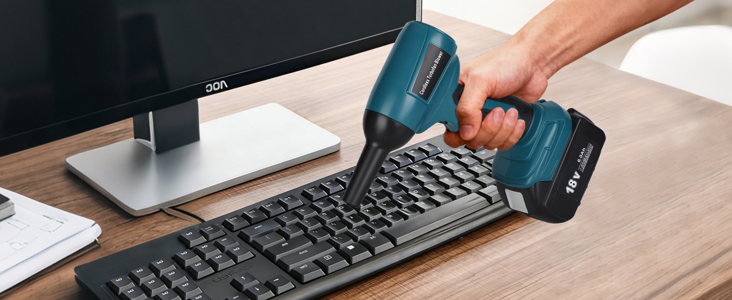 home cleaning by cordless air duster blower for computer pc