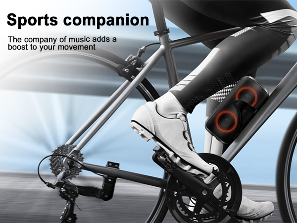 Text reads 'Sports companion' and 'The company of music with a twist to your movement'. Close-up of bicycle handlebars with mounted black device.