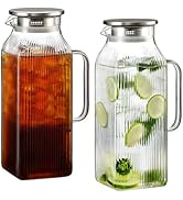 Snuvid 2 Pack 2 Liter/68 oz Square Glass Pitcher with Lid, Classic Stripes Water Pitchers with Ha...