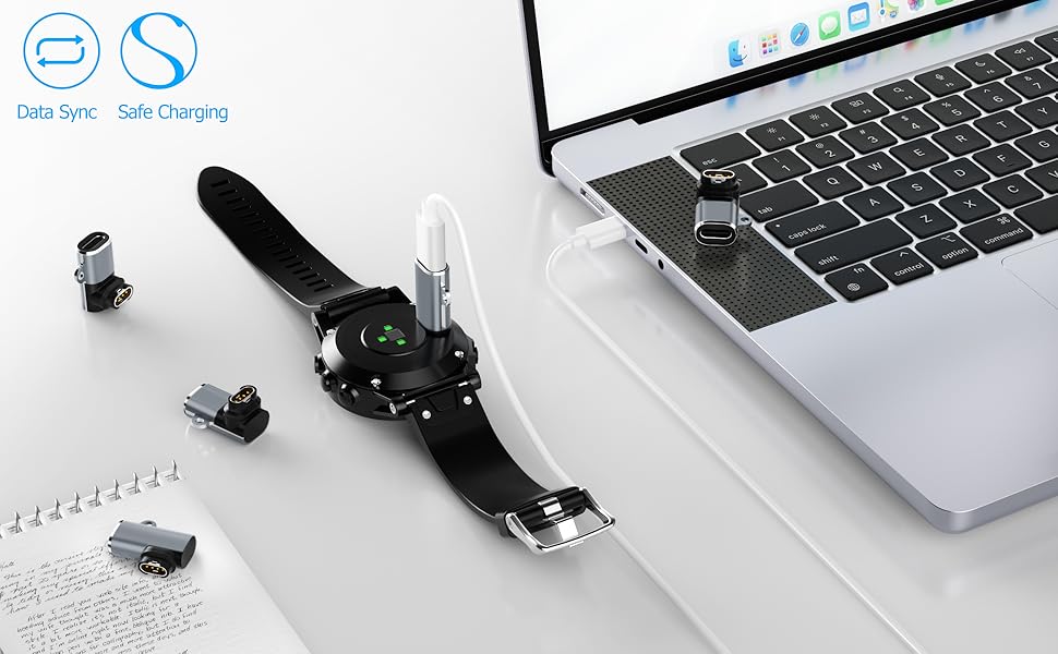 USB device setup with data sync and charging capabilities shown connected to laptop, with multiple connector components displayed.