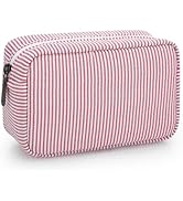 JINSI Stripe Travel Makeup Bag, Pencil Case and Padded Cosmetic Pouch Red | 2 mesh dividers, meta...