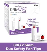 ONE-CARE Duo Safety Pen Tips 30G x 3/16’’ (5mm), Dual Shield Protection, Universal Fit, Sterile, ...