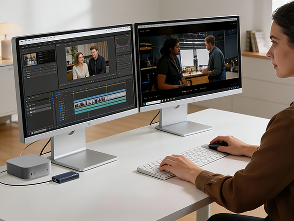 Professional workspace setup showing ultrawide monitors mounted on arms, displaying video editing software interfaces in a clean, modern office environment.