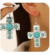 Cross Turquoise Earrings for Women Chunky Gold Silver Hammered Western Drop | Trendy Thick Gold C...