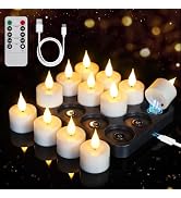 FPOO Rechargeable Candles tealights 12 Pack, Electric Tea Lights with Type-C Charging Base, 60-Ho...