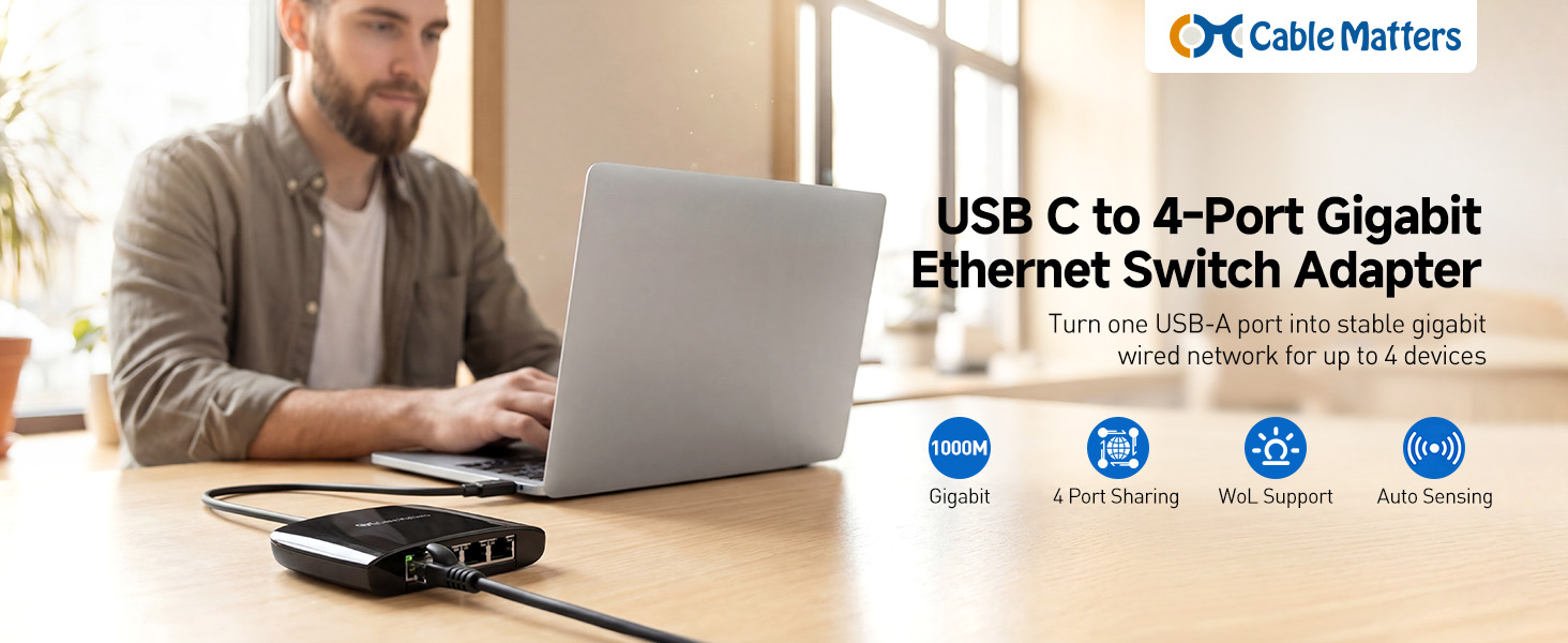 USB to 4-Port Gigabit Ethernet Switch