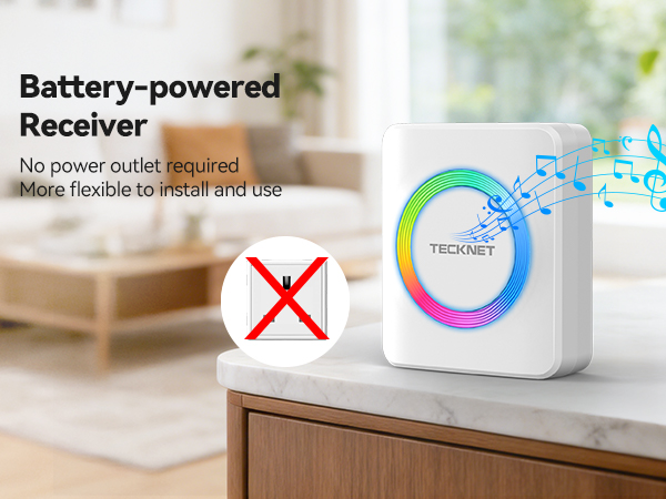 Text reads 'Battery-powered' and 'Receiver'. Product demonstration showing white electronic device with digital display in different home settings.