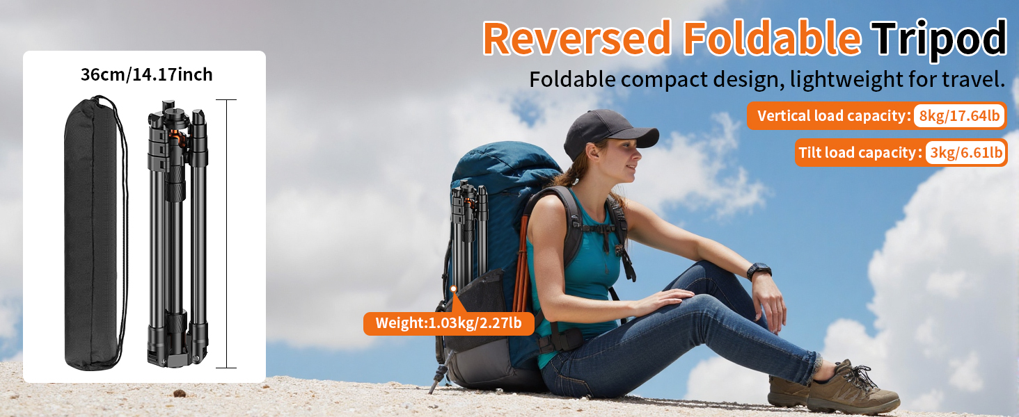 Text reads 'Reversed Foldable Tripod'. Product demonstration images showing compact tripod or stand in various folding positions.