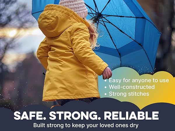 Text reads 'SAFE. STRONG. RELIABLE' and 'Well-constructed • Strong stitches.' Product photos showing yellow waterproof outerwear with blue umbrella in rainy conditions.