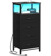 Yoobure Night Stand - LED Nightstand with Charging Station, Bedside Table with 4 Fabric Storage D...