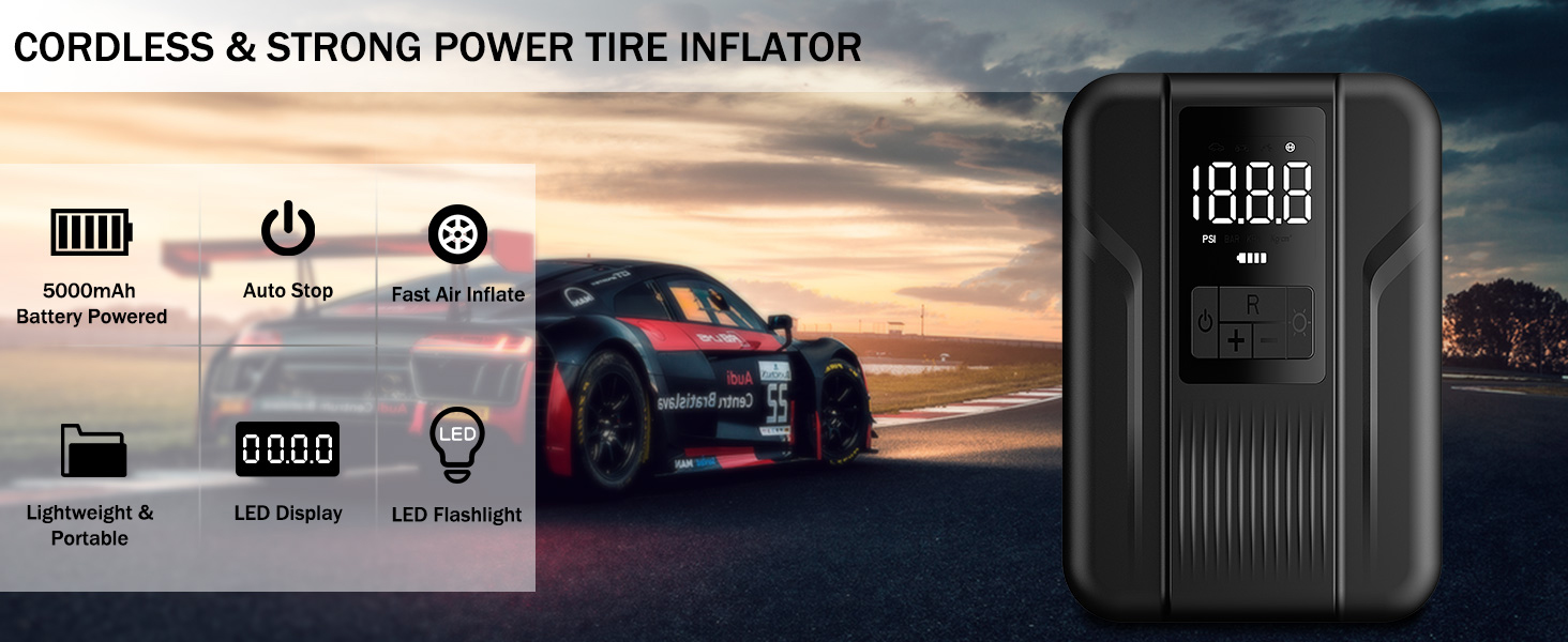 Tire Inflator Portable Air Compressor Portable Pump for Car Tires Inflator 150 PSI &amp;amp; 5000mAh Battery