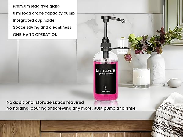 Onsogi Glass Mouthwash Dispenser with Cup Holder and Pump