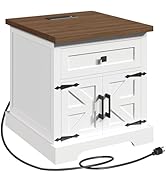 MAHANCRIS White Farmhouse End Table with Charging Station, 24" Large Sofa Side Table with Drawer,...