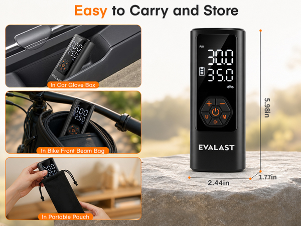 Compact EVALAST tire inflator stored in a car console, bike bag and included storage pouch.