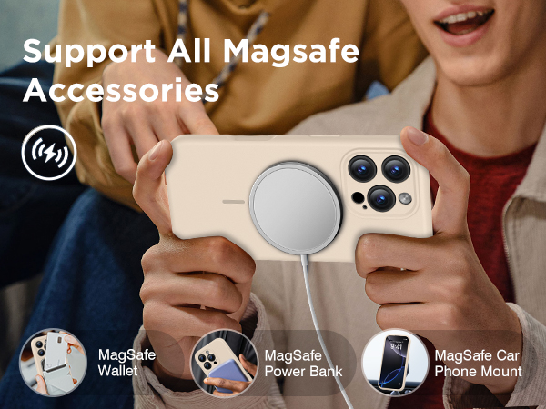 Text reads 'Support All Magsafe Accessories' with MagSafe branding visible. Person holding smartphone with circular magnetic attachment ring, showing device compatibility with magnetic accessories.