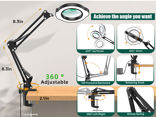 10X Magnifying Glass with Light and Clamp, 5 Color Modes Stepped Dimmable 2-in-1 with LED Desk Lamp