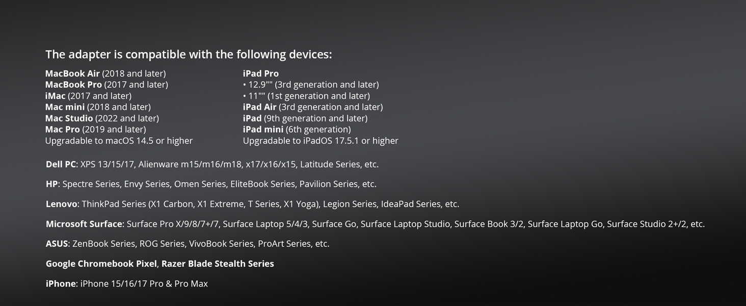 Compatible Devices List for the Adapter MacBook iPad Dell HP Lenovo PC Laptop
