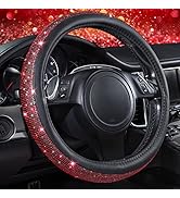 CAR PASS Red Diamond Black Leather Steering Wheel Cover, with Bling Crystal Rhinestones Universal...