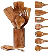 Pleafind Wooden Spoons for Cooking, 9 Pcs Wooden Utensil Set, Wooden Cooking Utensils Set with Ho...
