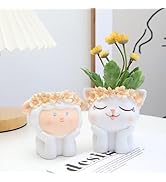 SPEALLOY Mini Fantasy Zoo Resin Pots Set - Floral Crown Cat &amp; Sheep Succulent Planters w/Drainage...