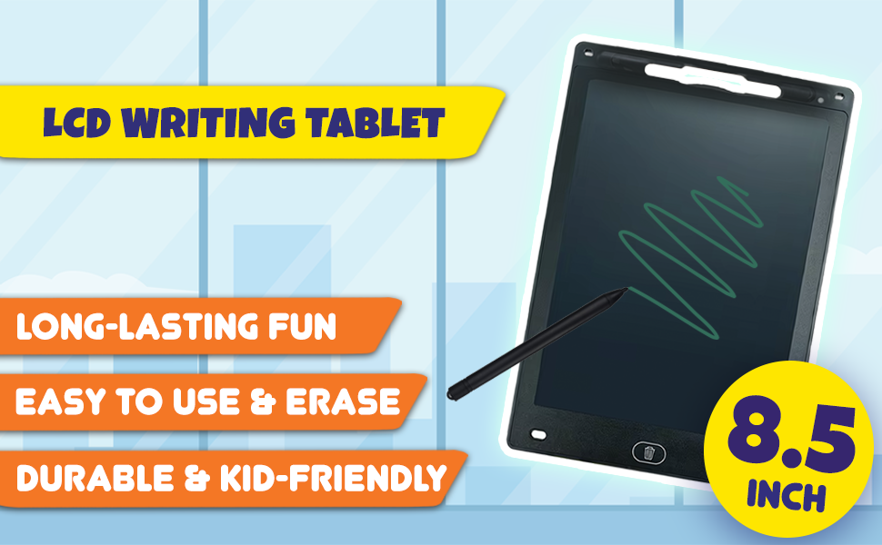 8.5-inch LCD writing tablet with stylus and glowing green drawing line, shown on blue background.