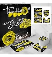 Litabel 4 Pcs Yellow Rose Shower Curtain Set with Non-Slip Rugs, Toilet Lid Cover and Bath Mat, T...