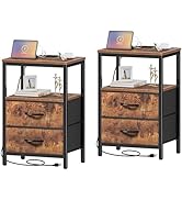 Huuger Nightstands Set of 2, End Tables with Charging Station, Side Tables with Fabric Drawers, B...
