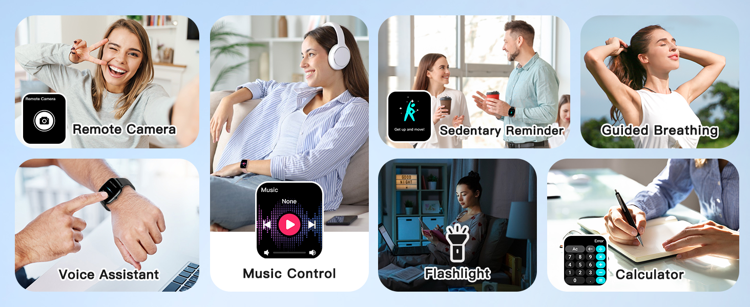 Smartwatch: camera remote, sedentary, breathing, voice assistant, music control, calculator