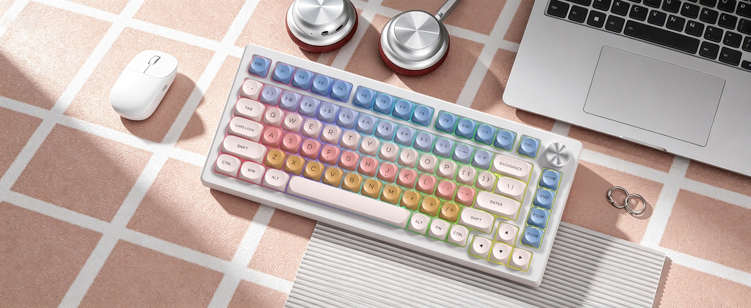 rainbow macaron color scheme keycaps with a jelly-like transparent layer