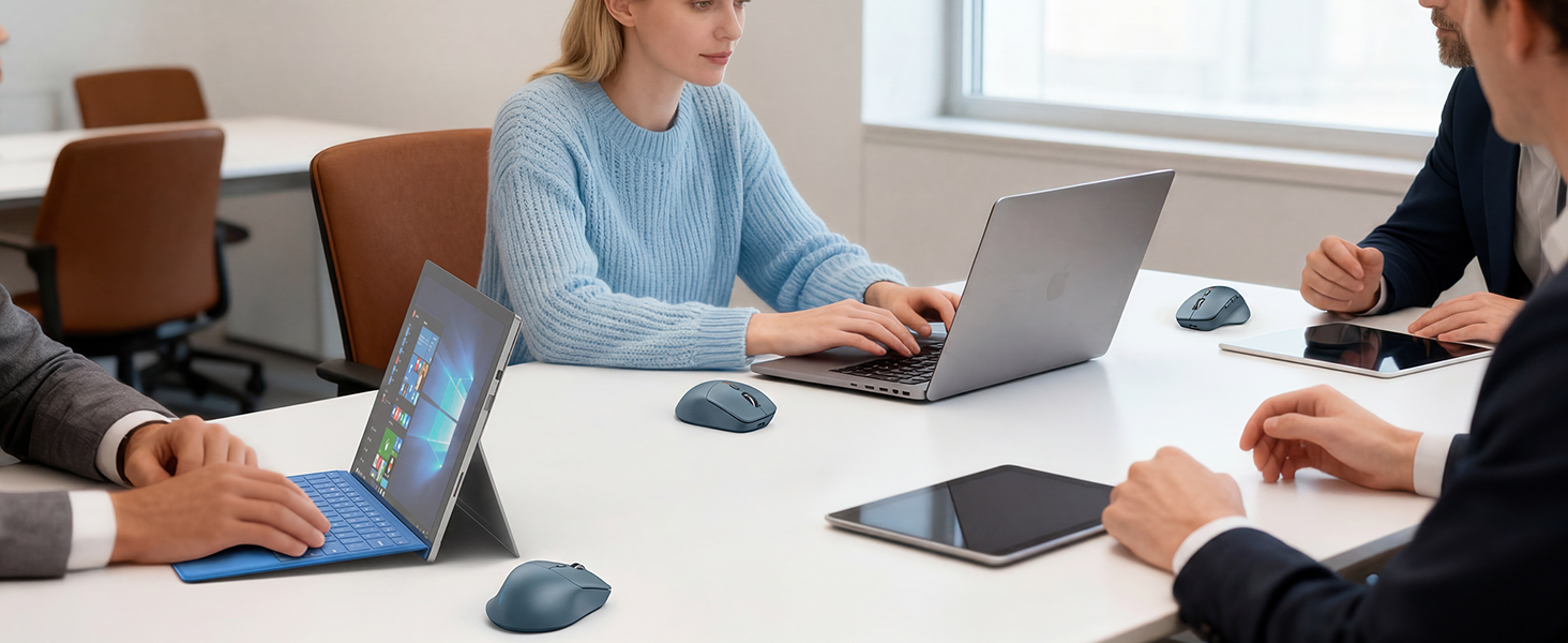 Office workspace with two people at white table using laptops, blue wireless mice, indoor professional setting with natural lighting.