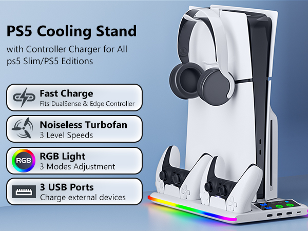 PS5/PS5 Slim Cooling &amp; Charging Station with Cooling Fan,PS5 Stand for Disc &amp; Digital Console