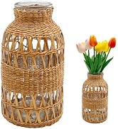 Straw Woven Glass Vase 6.29''x1.77''x3.15''Boho Glass Flower Vase Country Rustic Style Vase Glass...