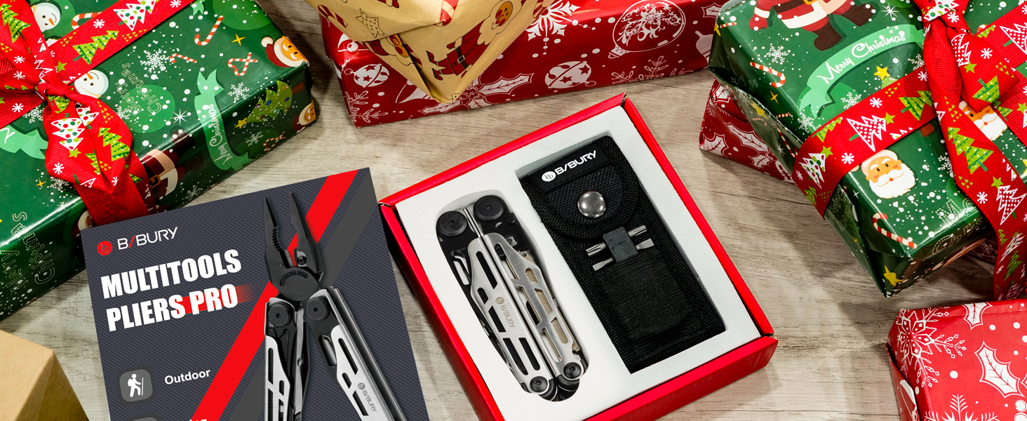 Gift-wrapped boxes with a red Multitool Pliers Pro box in focus. Christmas-themed setting with red and green wrapping paper.