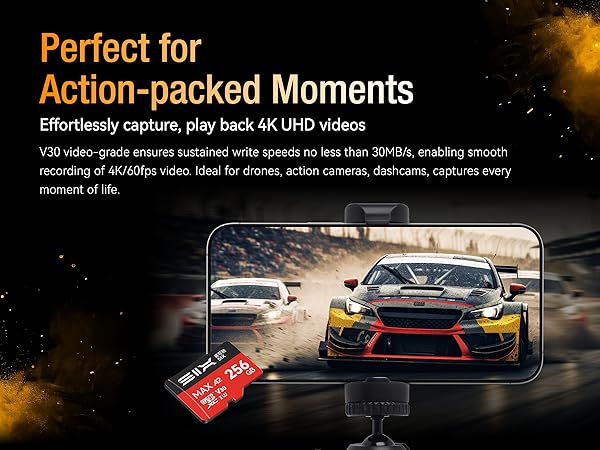 Text reads 'Perfect for Action-packed Moments'. Marketing image showing a red sports car in motion against dark background with motion blur effects.