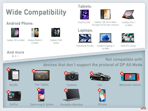 Product compatibility chart showing compatible devices like Android phones, tablets, and laptops, as well as incompatible devices like Kindle and Nintendo Switch.