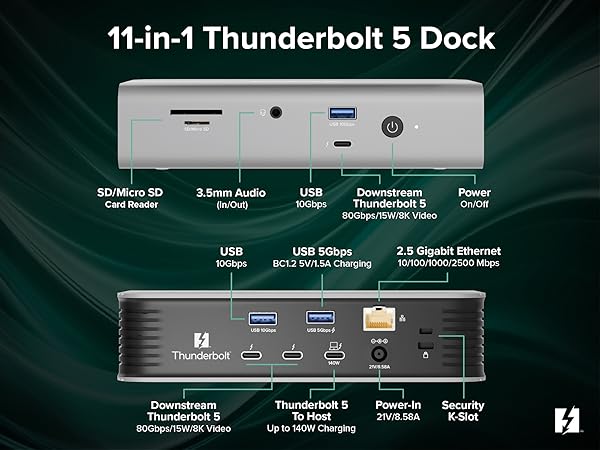 Front and rear ports of a silver tb5 dock with Thunderbolt and USB labeled connections