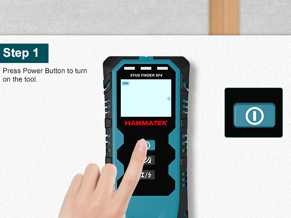 Step-by-step interface tutorial showing power button activation sequence on a digital device, with blue illuminated screen and finger touching button.