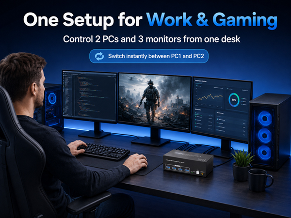 Built for Work &amp;amp; Gaming Control 2 PCs and 3 monitors from one workspace