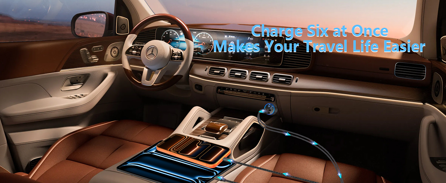 MFi Certified iPhone 17 Car Charger 6Port 120W USB-C&amp;amp;USB-A Power Cigarette Lighter USB-C Car Charger