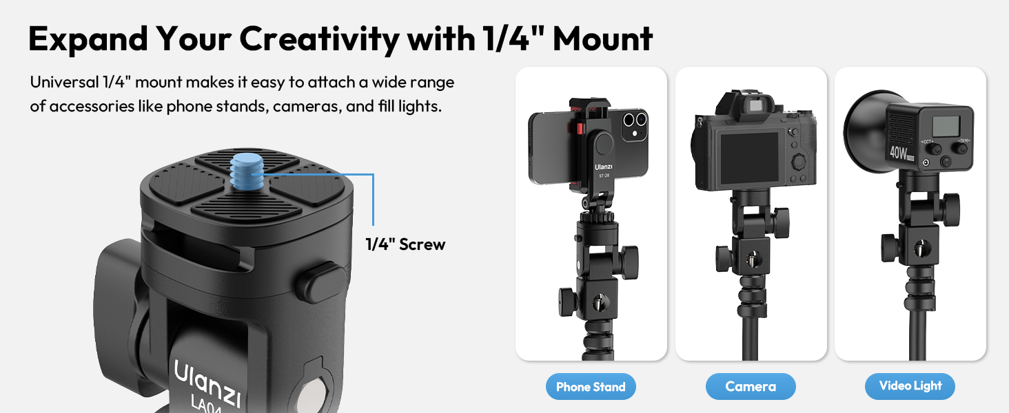 Fits Flat Head Light Stand/Boom arm/C Stand, 180° Tilt Max. Load 6.6lb/3kg