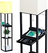 SUNMORY Floor Lamp with Shelves,Modern Dimmable Solid Wood Standing Lamp with 1 Drawer and 2 USB ...