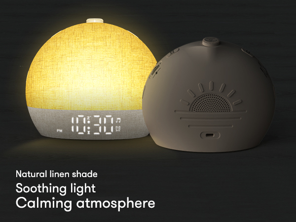 Text reads 'Natural linen shade', 'Soothing light', 'Calming atmosphere'. Dome-shaped lamp with digital display showing warm lighting effects.