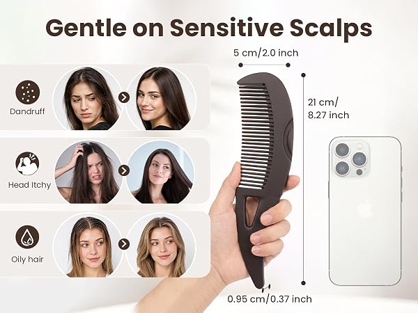 Dandruff comb before and after results for itchy scalp, oily hair, with size measurements.
