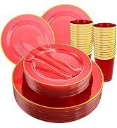 COLOSUS 36 Guests Clear Red Plastic Plates with Gold Rim Red Disposable Silverware Include 36 Din...