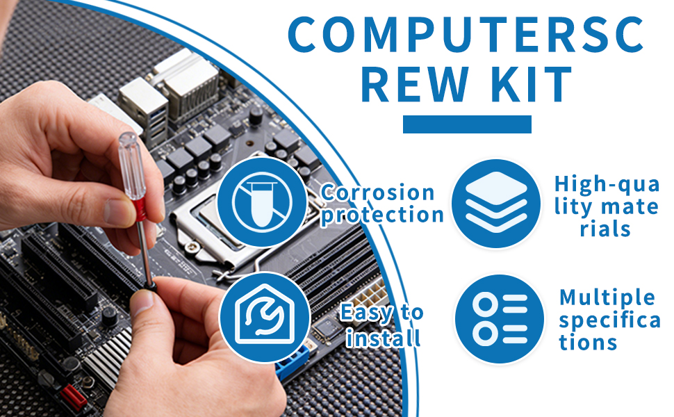 Computer screw kit with corrosion protection, high-quality materials, and multiple specifications.